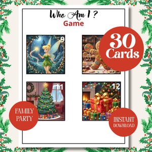 Pode incluir: Um cartão branco com o texto "Who Am I? Game" e quatro quadrados de imagem. Os quadrados apresentam uma fada, um homem de gengibre, uma árvore de Natal e presentes embrulhados. Dois círculos vermelhos dizem "30 Cartas" e "Family Party".
