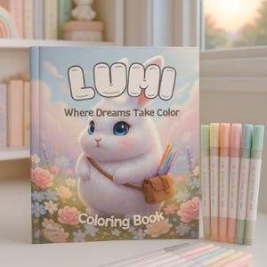 Pode incluir: Um livro para colorir "LUMI Where Dreams Take Color" com um coelho de desenho animado com uma bolsa, rodeado de flores. Marcadores e lápis de cor em tons pastel são dispostos nas proximidades. Uma prateleira com livros e uma figura de coelho está ao fundo.