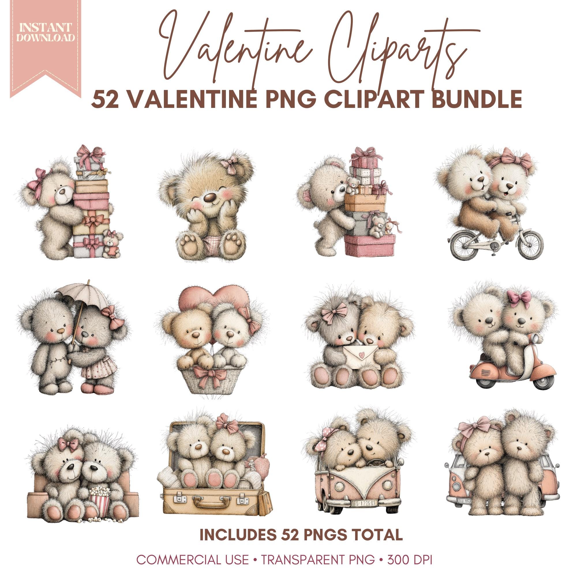 Valentine Teddy Bear Clipart PNG Bundle (52) | Cute Watercolor Bears ...