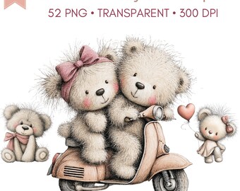 Valentine Teddy Bear Clipart PNG Bundle (52) | Cute Watercolor Bears | Transparent PNG | 300DPI | Commercial Use