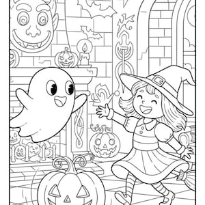 May include: Black and white Halloween-themed coloring page featuring a smiling witch, a friendly ghost, and carved pumpkins. A devil face, bats, and a spiderweb decorate the background. The image is outlined with thick black lines.
