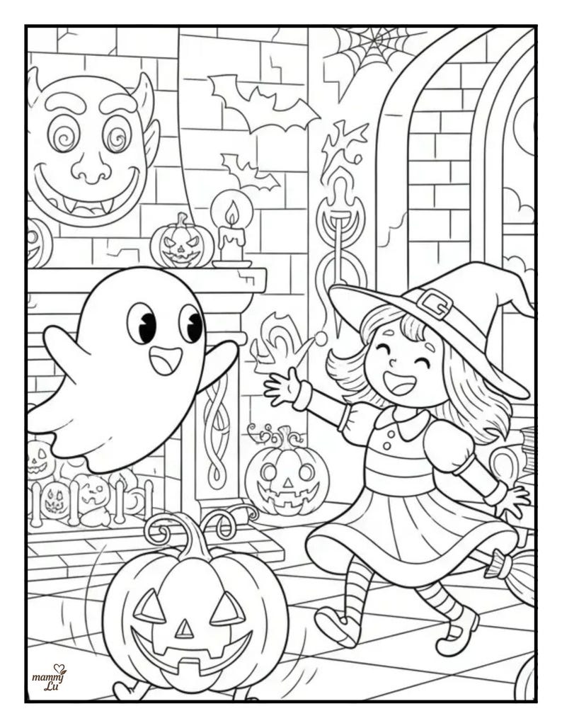 May include: Black and white Halloween-themed coloring page featuring a smiling witch, a friendly ghost, and carved pumpkins. A devil face, bats, and a spiderweb decorate the background. The image is outlined with thick black lines.