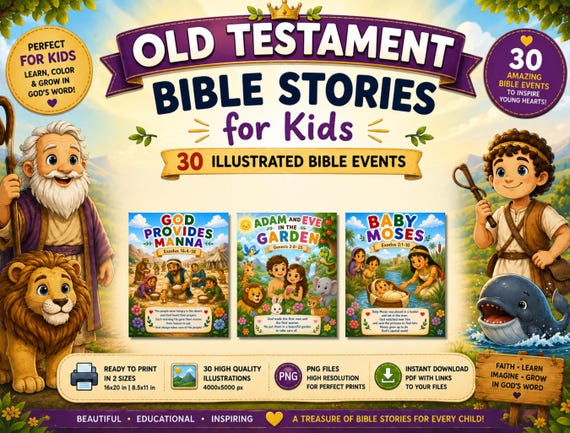 Bible Stories for Kids, 30 Old Testament Bible Posters, Printable Sunday School Decor, Christian Classroom Wall Art