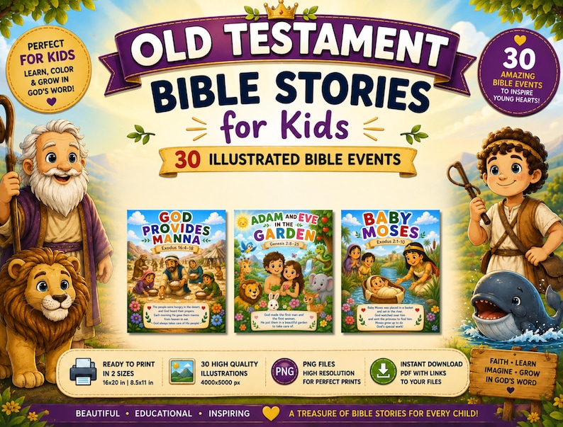 Bible Stories for Kids, 30 Old Testament Bible Posters, Printable Sunday School Decor, Christian Classroom Wall Art