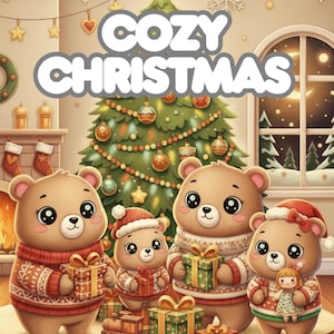 Pode incluir: Um livro de colorir infantil intitulado "Cozy Christmas" com uma família de ursos de desenho animado. Os ursos usam suéteres festivos e seguram presentes embrulhados em frente a uma árvore de Natal decorada. O fundo inclui uma lareira e uma janela com uma cena ao luar.