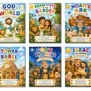 May include: A set of six colorful educational posters depicting biblical stories including God Creates the World, Adam and Eve in the Garden, Noah's Ark, The Tower of Babel, God's Promise to Abraham, and Isaac is Born, each featuring text and illustrations.