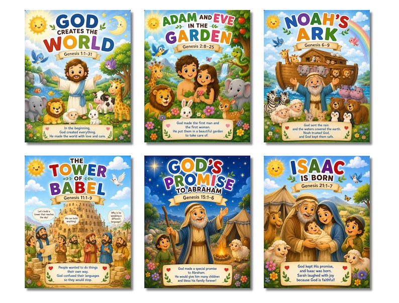 May include: A set of six colorful educational posters depicting biblical stories including God Creates the World, Adam and Eve in the Garden, Noah's Ark, The Tower of Babel, God's Promise to Abraham, and Isaac is Born, each featuring text and illustrations.