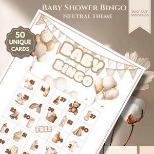 Pode incluir: Cartão de bingo para chá de bebé com um tema neutro. O cartão apresenta o texto "Baby Bingo" e "Baby Shower Bingo" com ilustrações de artigos para bebés. O cartão inclui 50 cartões únicos e é um download instantâneo.