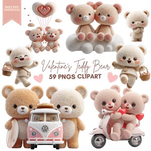Puede incluir: Una colección de imágenes prediseñadas de osos de peluche para el Día de San Valentín. La imagen presenta varios osos de peluche en diferentes poses, incluyendo sosteniendo globos, montando una scooter y de pie junto a una furgoneta rosa y blanca. También está presente el texto "Valentine's Teddy Bear" y "59 PNGS CLIPART".