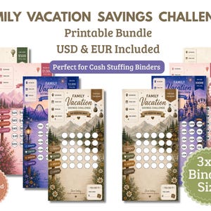 Pode incluir: Um conjunto de desafios de poupança imprimíveis para férias em família. Os designs apresentam fundos cénicos, incluindo montanhas, uma roda gigante e uma montanha-russa. O texto inclui "Family Vacation Savings Challenge", "Printable Bundle", e "USD & EUR Included."