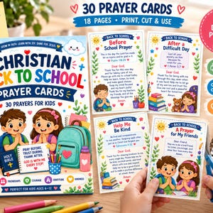 Pode incluir: Um conjunto de 30 cartões de oração cristãos imprimíveis para o regresso às aulas das crianças, com ilustrações coloridas de crianças, material escolar e textos religiosos. O produto digital inclui 18 páginas para imprimir e cortar.