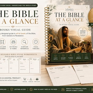 Pode incluir: Um guia visual com encadernação em espiral intitulado The Bible at a Glance, apresentando uma ilustração de uma pessoa escrevendo em um pergaminho. A capa inclui texto sobre 66 perfis de livros, Antigo e Novo Testamento e 5 fichas reutilizáveis.