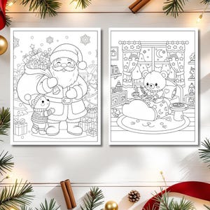 May include: Two black and white coloring pages featuring Christmas themes. One shows Santa Claus with a sack of gifts and a teddy bear. The other depicts a teddy bear in bed writing. Festive decorations surround the pages.