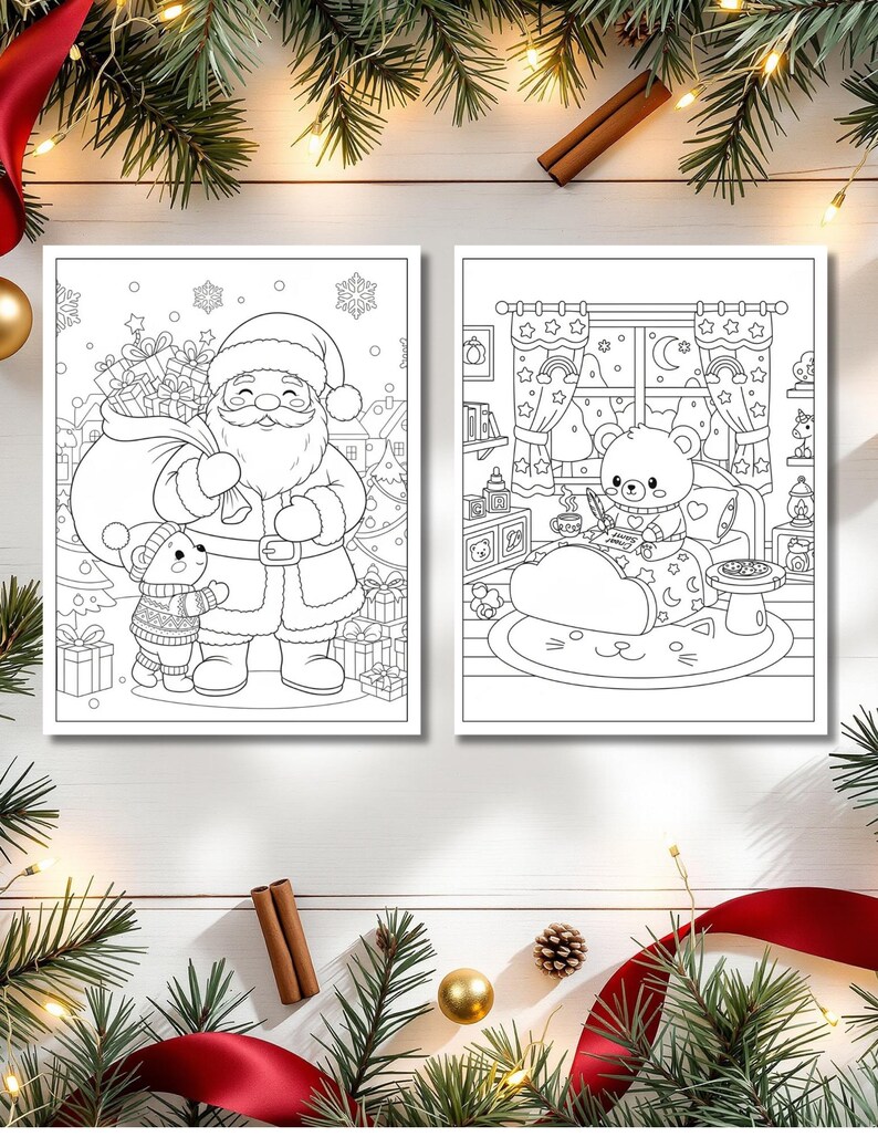 May include: Two black and white coloring pages featuring Christmas themes. One shows Santa Claus with a sack of gifts and a teddy bear. The other depicts a teddy bear in bed writing. Festive decorations surround the pages.