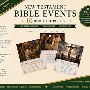 Pode incluir: Uma coleção digital de 10 cartazes sobre eventos do Novo Testamento com ilustrações de Jesus. Os cartazes incluem textos como Jesus Washing the Disciples' Feet, Jesus Appears to the Disciples e The Crucifixion of Jesus com referências bíblicas.
