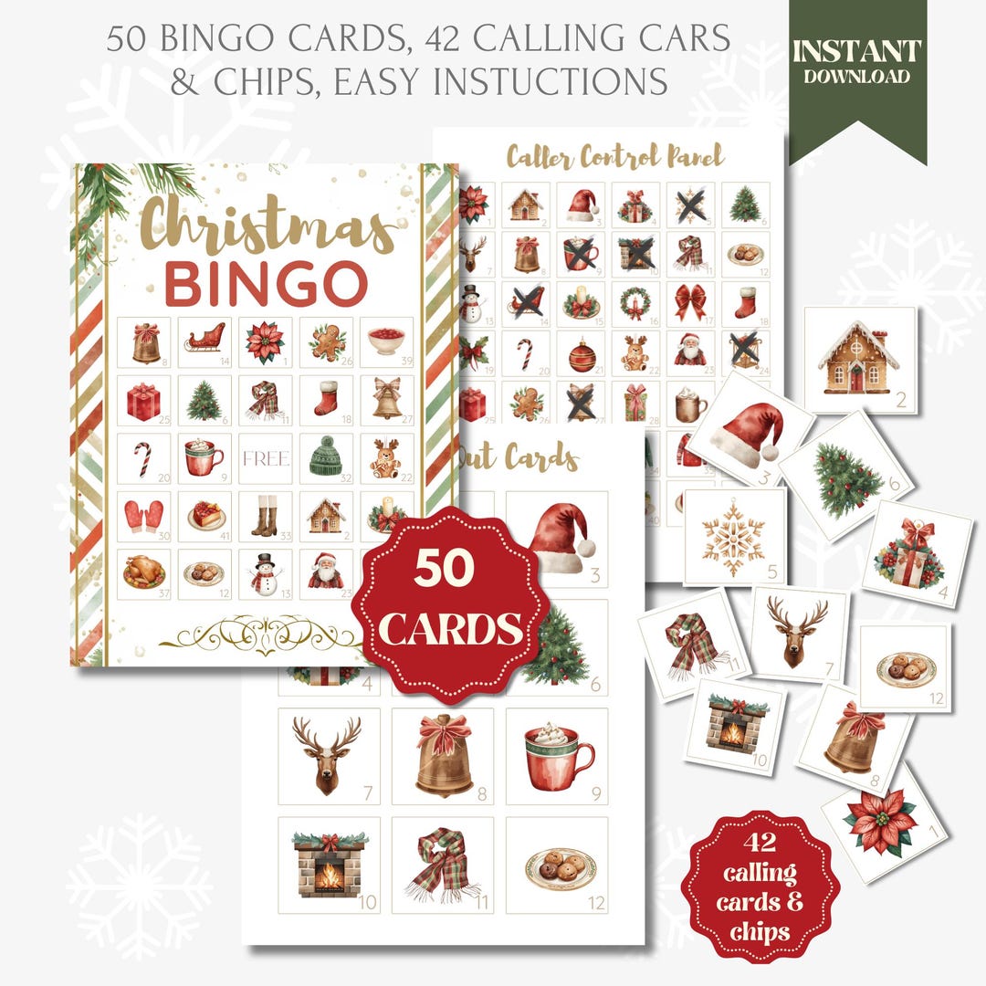 50 Christmas Bingo Cards, Printable Christmas Bingo Game for Kids ...