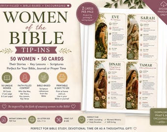 May include: A digital product set titled Women of the Bible Tip-Ins featuring 50 cards with stories, key lessons, and scriptures. The layout includes illustrations of biblical figures like Eve, Sarah, Dinah, and Tamar with text on US letter size pages.