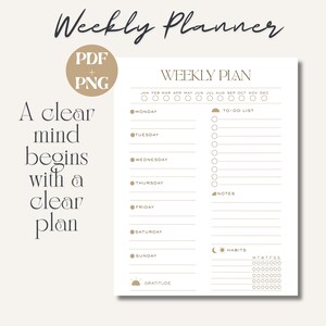 Printable  Weekly Planner | Printable Weekly To-Do List PDF + PNG, US letter , Digital Download, Minimalist Design Templates