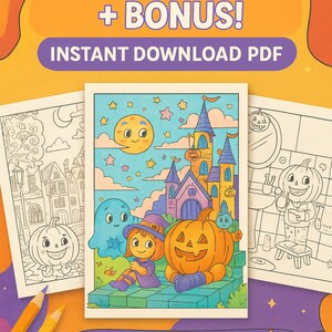 May include: A colorful Halloween-themed coloring book with the text "21 Cute Pages + Bonus! Instant Download PDF." The cover features a castle, a smiling moon, stars, and a pumpkin. Three coloring pages and pencils are also visible.