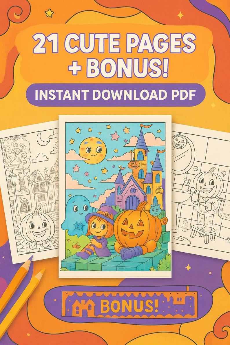 May include: A colorful Halloween-themed coloring book with the text "21 Cute Pages + Bonus! Instant Download PDF." The cover features a castle, a smiling moon, stars, and a pumpkin. Three coloring pages and pencils are also visible.