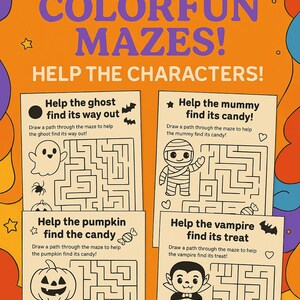 May include: A Halloween-themed activity sheet with the text "BONUS COLORFUN MAZES!" and "HELP THE CHARACTERS!". Four mazes feature a ghost, mummy, pumpkin, and vampire, each with a goal to reach. The background is orange with purple and yellow accents.