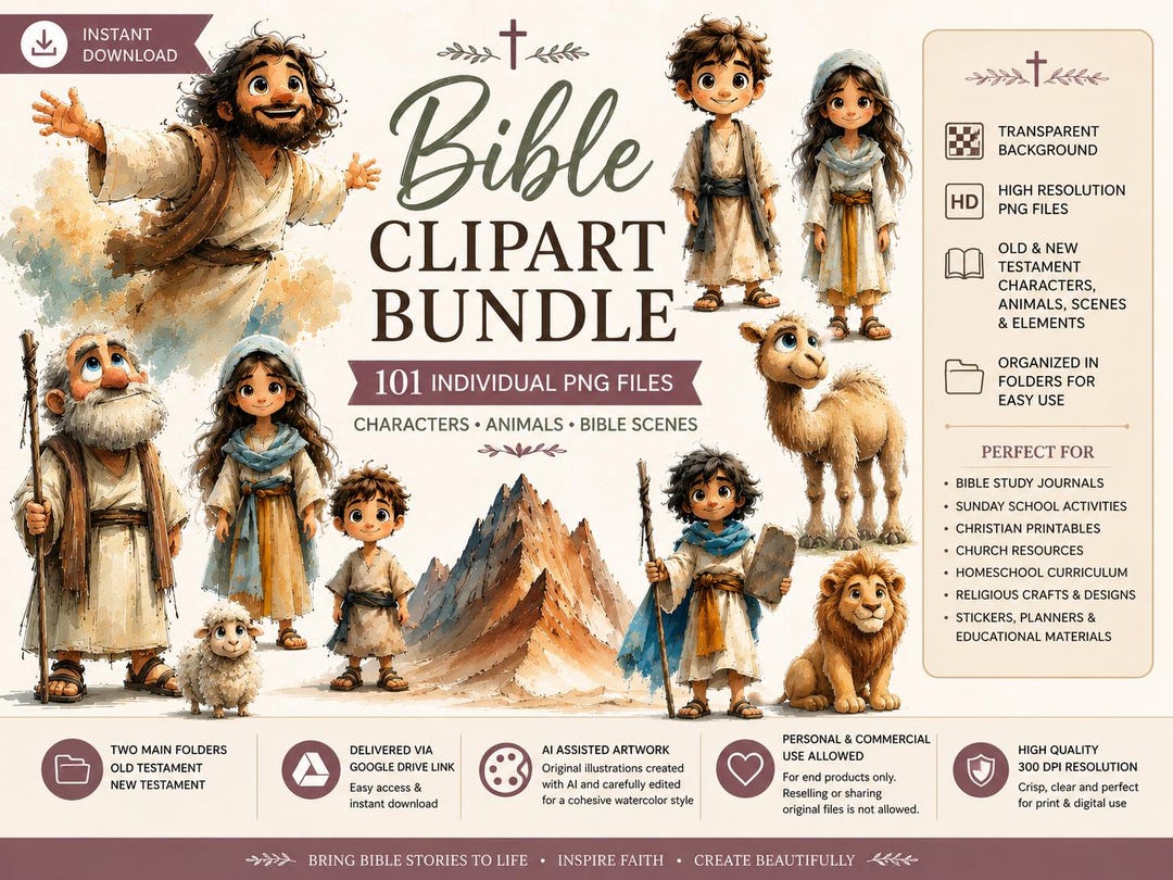Bible Clipart Bundle 101 PNG Files, Christian Watercolor Clipart, Bible ...