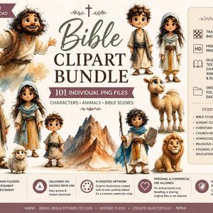 Bible Clipart Bundle 101 PNG Files, Christian Watercolor Clipart, Bible Characters, Old & New Testament, Sunday School, Church Printables