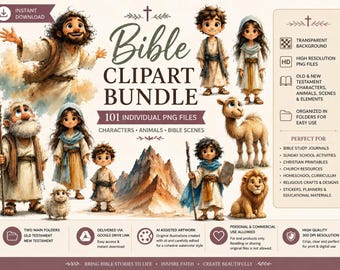 Bible Clipart Bundle 101 PNG Files, Christian Watercolor Clipart, Bible Characters, Old & New Testament, Sunday School, Church Printables