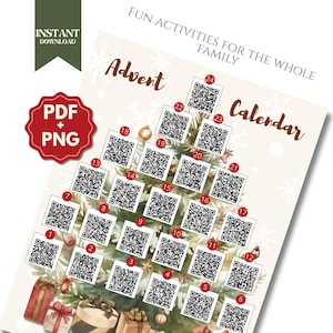 Könnte beinhalten: Ein weihnachtlicher Adventskalender in Form eines Baumes mit QR-Codes für jeden Tag. Der Kalender enthält den Text "Adventskalender" und "Spaßige Aktivitäten für die ganze Familie". Das Bild enthält auch den Text "Sofort-Download" und "PDF + PNG".