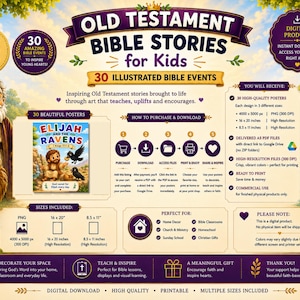 May include: A digital product listing for Old Testament Bible Stories for Kids featuring 30 illustrated posters. The graphic includes text, icons, and cartoon illustrations of biblical figures and animals, detailing download instructions and file sizes.