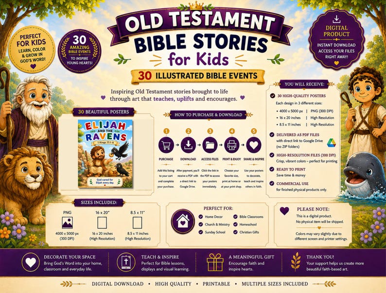 May include: A digital product listing for Old Testament Bible Stories for Kids featuring 30 illustrated posters. The graphic includes text, icons, and cartoon illustrations of biblical figures and animals, detailing download instructions and file sizes.