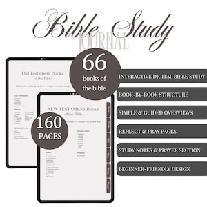 Könnte beinhalten: Ein digitales Bibelstudien-Journal mit dem Titel "Bible Study" in eleganter Schrift. Das Journal umfasst 160 Seiten und behandelt 66 Bücher der Bibel. Enthält interaktives Studium, Buch-für-Buch-Struktur und anfängerfreundliches Design.