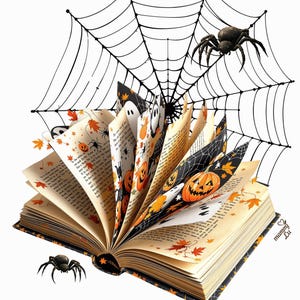 Pode incluir: Um livro aberto com ilustrações temáticas de Halloween, incluindo abóboras, fantasmas e aranhas. Uma aranha preta e uma teia de aranha também são apresentadas. As páginas têm um visual vintage com folhas de outono.
