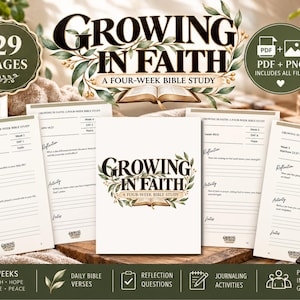 Könnte beinhalten: Ein digitaler vierwöchiger Bibelstudienführer Growing in Faith mit 29 Seiten voller Reflexionsfragen, Journaling-Aktivitäten und täglichen Versen. Das Set enthält PDF- und PNG-Dateien mit einem floralen Design auf weißem Papier.