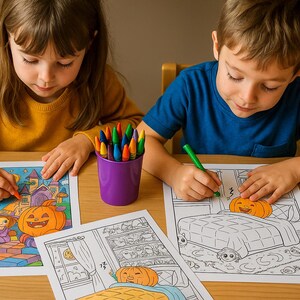 May include: Two children are coloring Halloween-themed pictures with crayons. A purple cup holds a variety of crayons. The drawings feature pumpkins, ghosts, and other spooky images. The children are sitting at a wooden table.