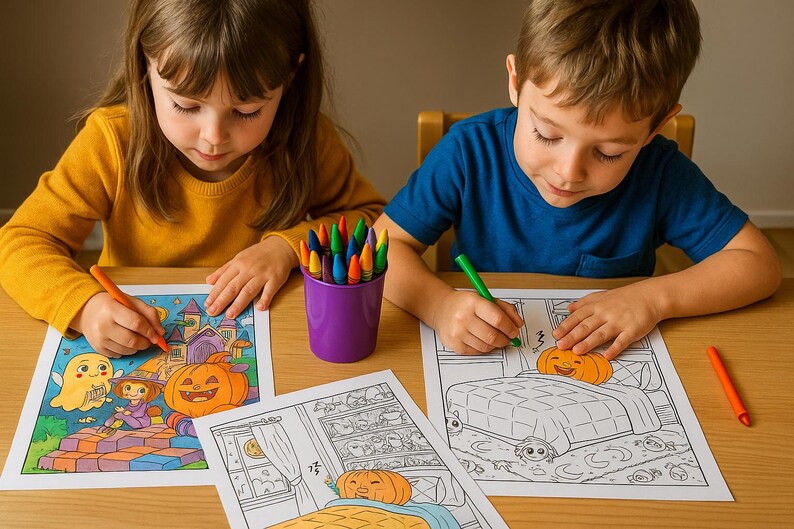 May include: Two children are coloring Halloween-themed pictures with crayons. A purple cup holds a variety of crayons. The drawings feature pumpkins, ghosts, and other spooky images. The children are sitting at a wooden table.