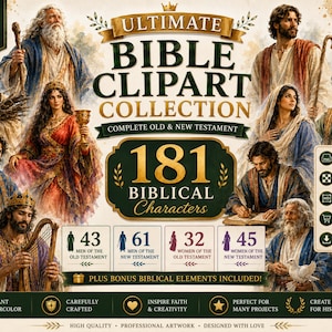 Pode incluir: Uma coleção digital de 181 ilustrações de personagens bíblicos com figuras do Antigo e Novo Testamento. O gráfico inclui retratos em estilo aquarela de vários indivíduos com túnicas tradicionais, etiquetas de texto e ícones de arquivos PNG.