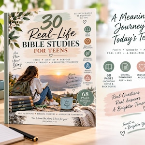 May include: A book titled 30 Real-Life Bible Studies for Teens featuring a cover illustration of a person sitting outdoors reading at sunset. The cover includes text, icons, and a stack of books labeled Pray, Read, Reflect, and Grow. The design includes soft earth tones and botanical accents.