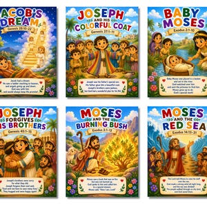 May include: A set of six colorful illustrated posters depicting biblical stories including Jacob's Dream, Joseph and His Colorful Coat, Baby Moses, Joseph Forgives His Brothers, Moses and the Burning Bush, and Moses and the Red Sea with text.