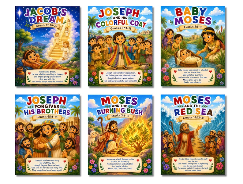 May include: A set of six colorful illustrated posters depicting biblical stories including Jacob's Dream, Joseph and His Colorful Coat, Baby Moses, Joseph Forgives His Brothers, Moses and the Burning Bush, and Moses and the Red Sea with text.