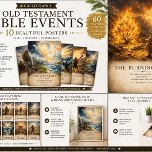 May include: A digital collection of 60 Old Testament Bible event posters featuring artwork of scenes like The Burning Bush and The Creation. The set includes 10 high-quality JPG posters with text, designed for instant download and home printing.