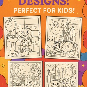 May include: A colorful image with the text "CUTE & FUN DESIGNS! PERFECT FOR KIDS!" features four black and white coloring pages. Each page depicts Halloween-themed illustrations, including pumpkins, ghosts, and children in costumes, ready to be colored.
