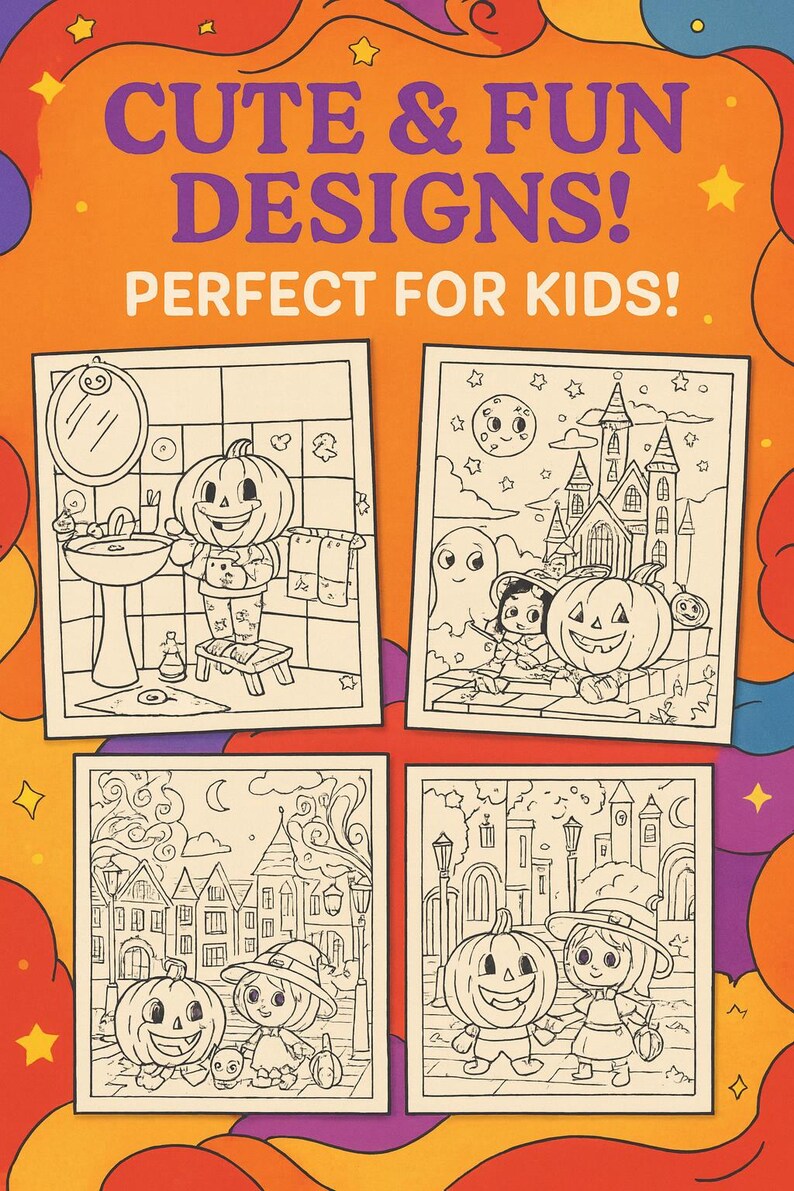 May include: A colorful image with the text "CUTE & FUN DESIGNS! PERFECT FOR KIDS!" features four black and white coloring pages. Each page depicts Halloween-themed illustrations, including pumpkins, ghosts, and children in costumes, ready to be colored.