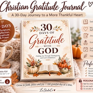 Pode incluir: Um diário de gratidão cristão intitulado 30 Days of Gratitude with God, com um livro aberto e abóboras na capa. O texto inclui 30 Days of Scripture, Reflection, Gratitude & Prayer, e lista recursos como escrituras diárias e orações guiadas.