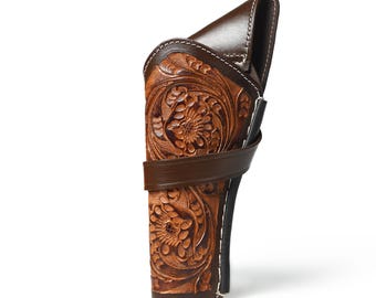 Coldre para revólver em couro trabalhado à mão, marrom – Saque cruzado, estilo faroeste, para fantasias de cowboy, ideal para caçadores e cosplayers.