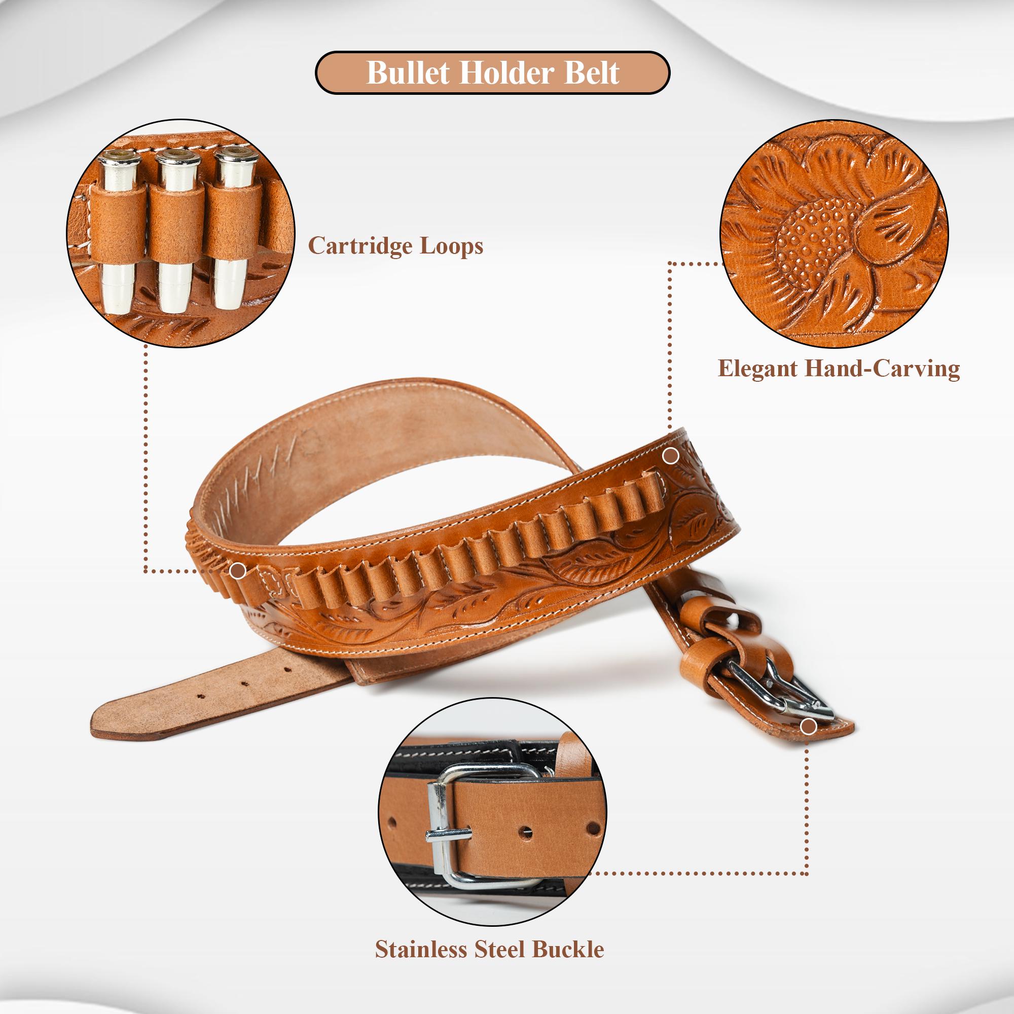 Handmade Tan Leather Cartridge Belt - Western Cowboy Ammo Belt Action