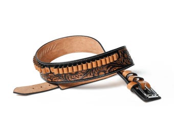 Handmade Two-Tone Leather Cartridge Belt - Western Cowboy Full-Grain Leather Ammo Belt – .22/ .357/ .38/ .44/.45 Caliber Cowboy Bandolier