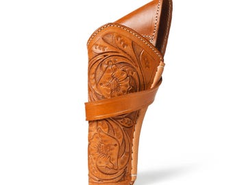Cowboy Western Leather Cross Draw Fast Draw Holster Fits Colt SAA 1873 Uberti Cimarron Pietta Ruger Vaquero w Floral Scroll