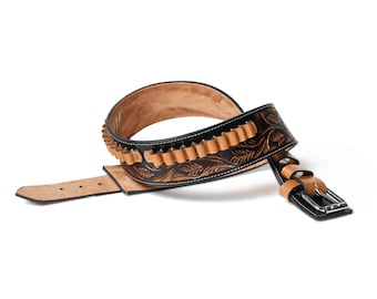 Handgemaakte tweekleurige leren patroonriem - Western cowboy munitieriem, uitrusting voor actieschieten - 20 munitielussen