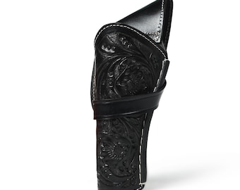 Coldre para revólver em couro trabalhado à mão, marrom – Saque cruzado, estilo faroeste, para fantasias de cowboy, ideal para caçadores e cosplayers.